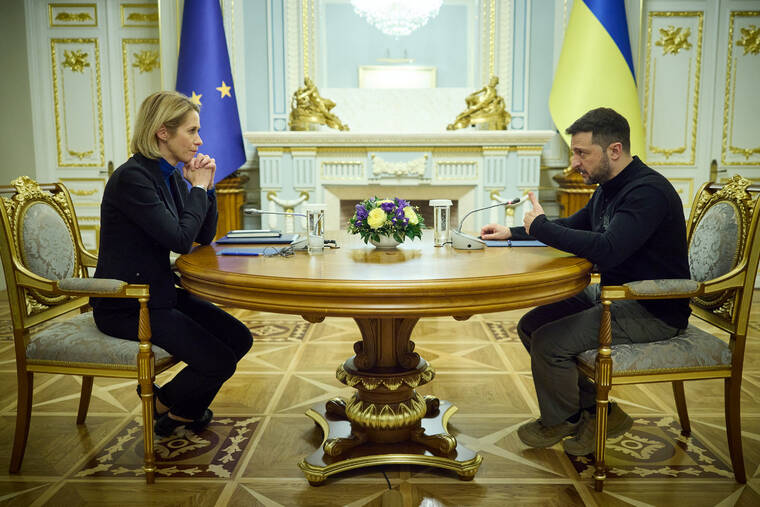 UKRAINIAN PRESIDENTIAL PRESS SERVICE/HANDOUT VIA REUTERS
Ukraines President Volodymyr Zelensky and European Commission Vice-President and High Representative for Foreign Affairs and Security Policy Kaja Kallas meet, amid Russias attack on Ukraine, in Kyiv, Ukraine.