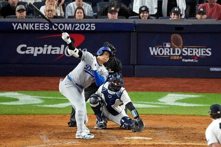 ROBERT DEUTSCH-IMAGN IMAGES/FILE PHOTO
Los Angeles Dodgers two-way player Shohei Ohtani strikes out, on Oct. 30, during the fifth inning against the New York Yankees in game four of the 2024 MLB World Series at Yankee Stadium.