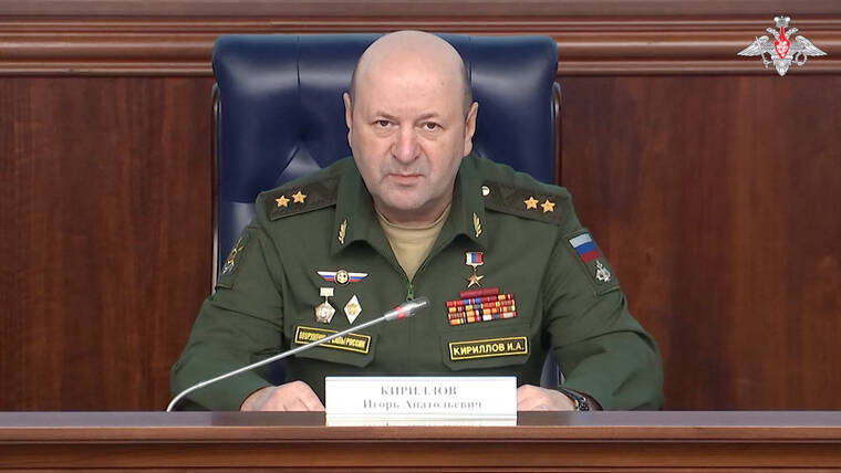 RUSSIAN DEFENSE MINISTRY via REUTERS
Lt. Gen. Igor Kirillov, chief of Russias Nuclear, Biological and Chemical Protection Troops, attends a news conference in Moscow, in this still image from video released Nov. 5.