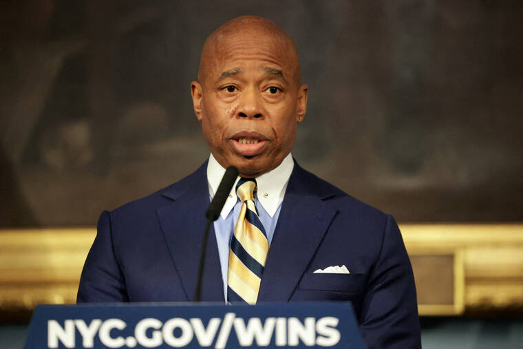 REUTERS/KENT J. EDWARDS
New York City Mayor Eric Adams speaks about his meeting with U.S. President-elect Donald Trumps incoming border czar Tom Homan during a press conference at City Hall in Manhattan in New York City.
