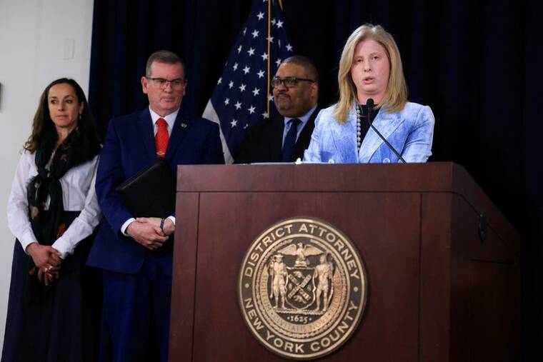 KENT J. EDWARDS / REUTERS
NYPD Commissioner Jessica S. Tisch speaks during a news conference today when she announces that Luigi Mangione was indicted for murder in the shooting death of UnitedHealth Group executive Brian Thompson, in New York City.