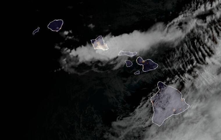 COURTESY NOAA
A satellite image this morning shows areas of moisture over the Hawaiian islands.