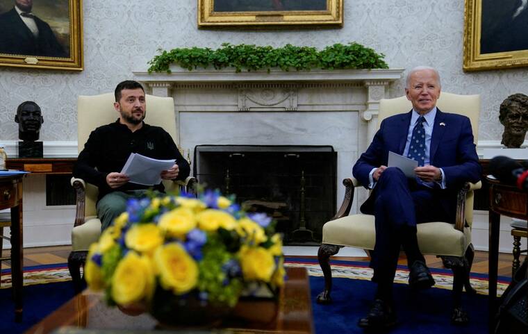 REUTERS/ELIZABETH FRANTZ/FILE PHOTO
President Joe Biden meets with Ukraines President Volodymyr Zelenskiy at the White House in Washington, on Sept. 26. The White House plans to rush billions of dollars in security assistance to Ukraine before President Joe Biden leaves office in January, sources said today, hoping to shore up the government in Kyiv before President-elect Donald Trumps Jan. 20 inauguration.