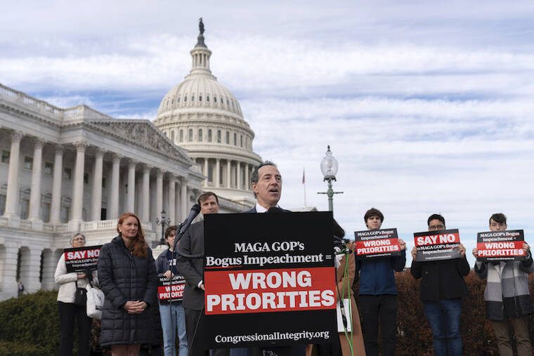 ASSOCIATED PRESS
Rep. Jamie Raskin, D-Md., ranking member of the House Oversight and Accountability Committee, speaks today during a news conference on Republicans impeachment inquiry into President Joe Biden at the U.S. Capitol in Washington.